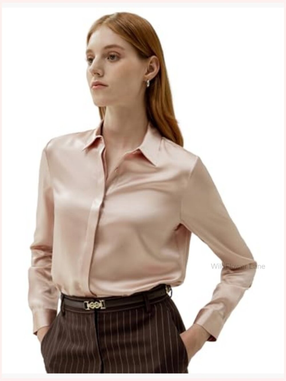 100% Mulberry Silk Long Sleeve Button Down Blouse - Picture 2 of 7